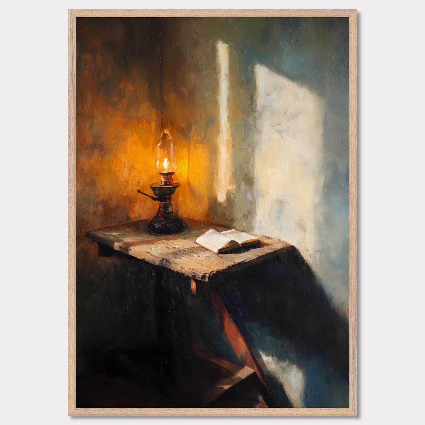 A wooden table, a flickering lamp, and an open book — caught in a slant of light. Shadows stretch across the textured walls, as if listening in. This image is a moment of pause, an ode to evening thought and silent reflection.