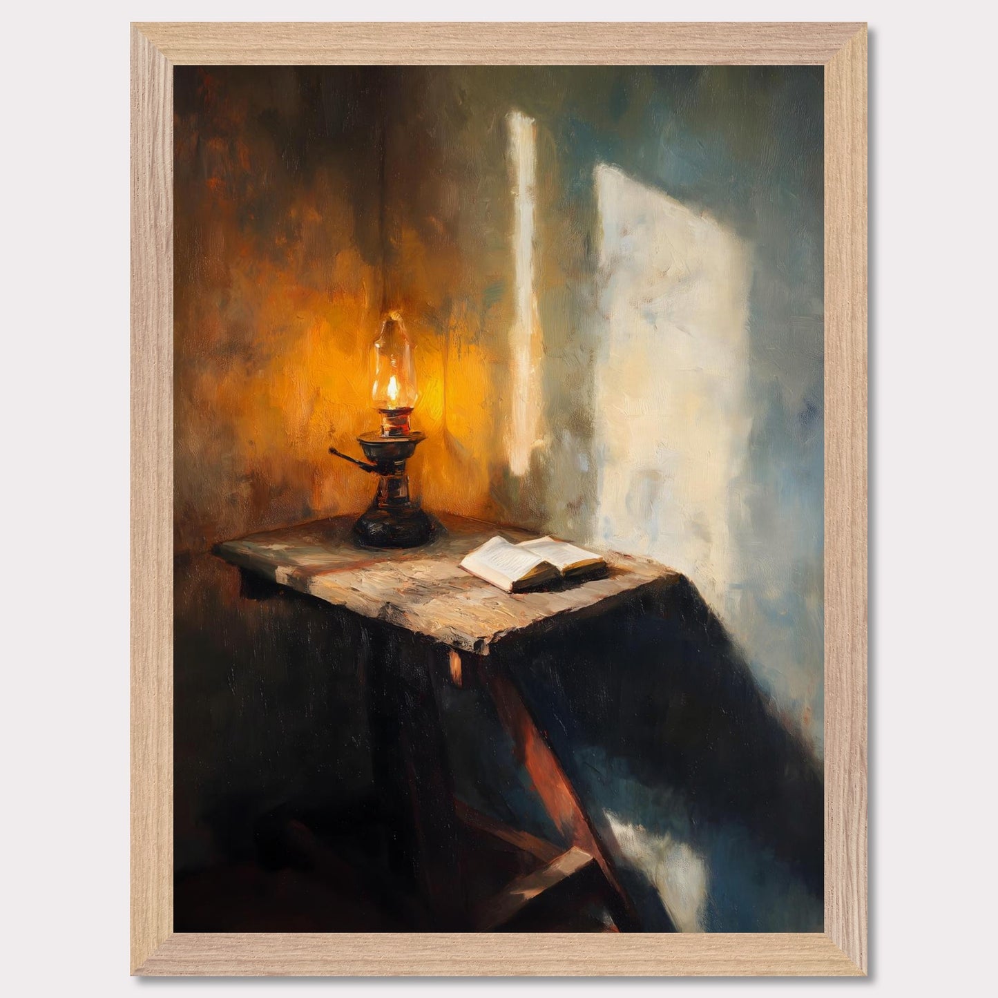 A wooden table, a flickering lamp, and an open book — caught in a slant of light. Shadows stretch across the textured walls, as if listening in. This image is a moment of pause, an ode to evening thought and silent reflection.