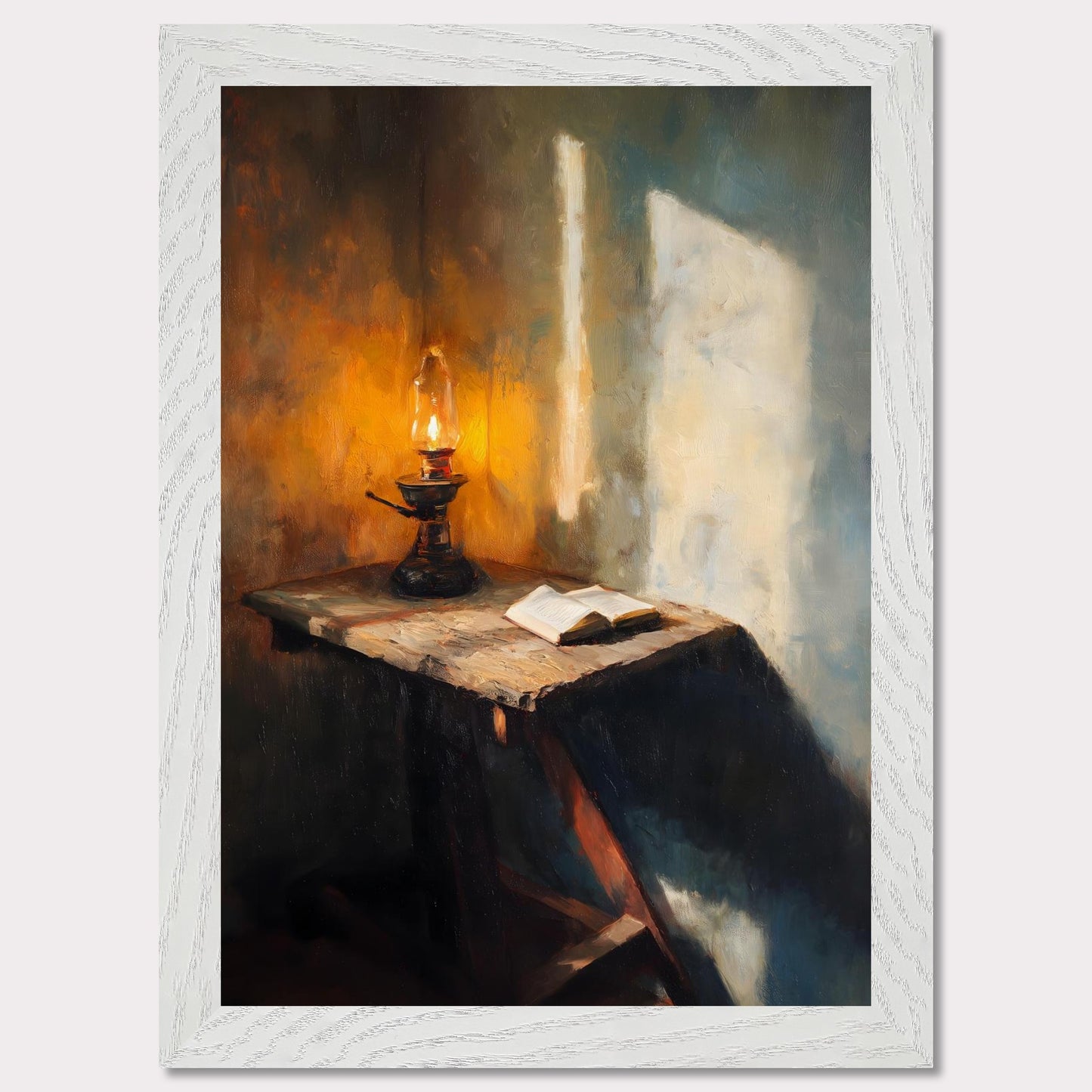A wooden table, a flickering lamp, and an open book — caught in a slant of light. Shadows stretch across the textured walls, as if listening in. This image is a moment of pause, an ode to evening thought and silent reflection.
