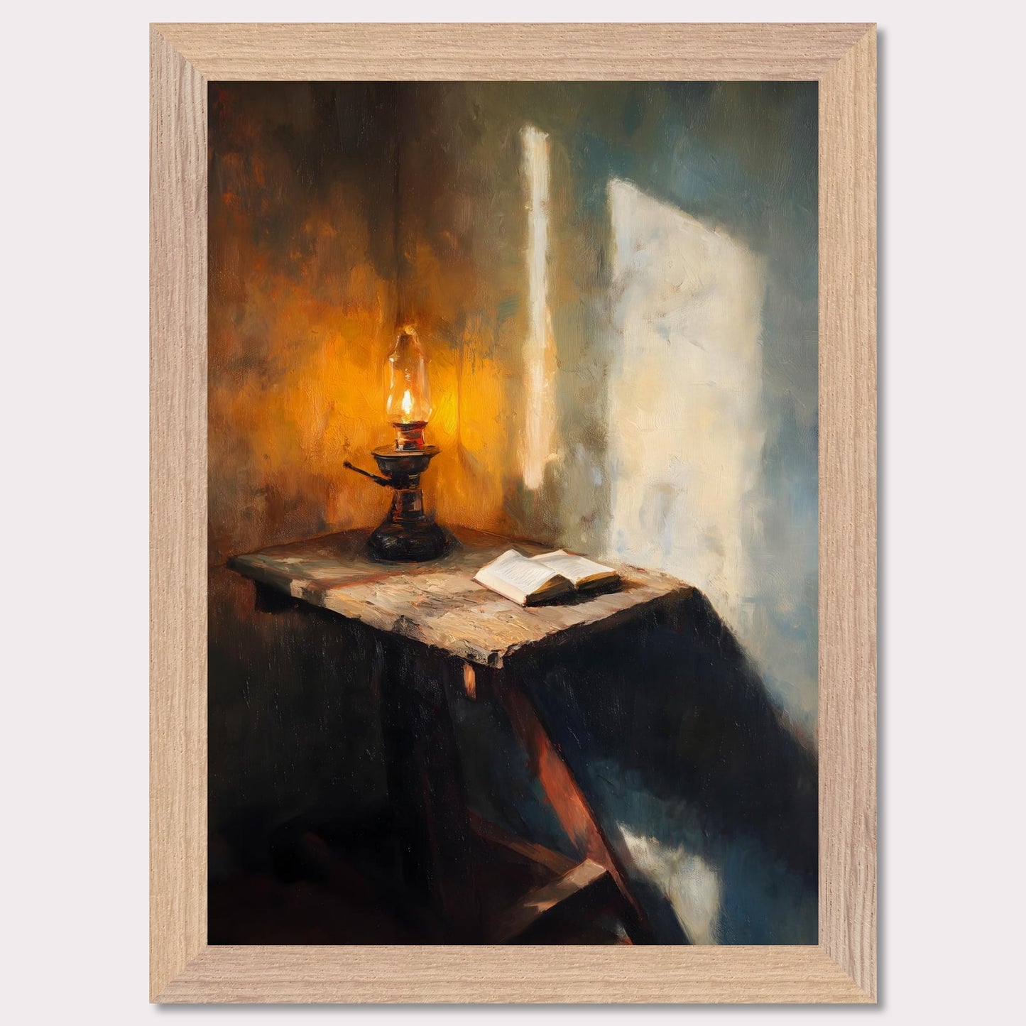 A wooden table, a flickering lamp, and an open book — caught in a slant of light. Shadows stretch across the textured walls, as if listening in. This image is a moment of pause, an ode to evening thought and silent reflection.