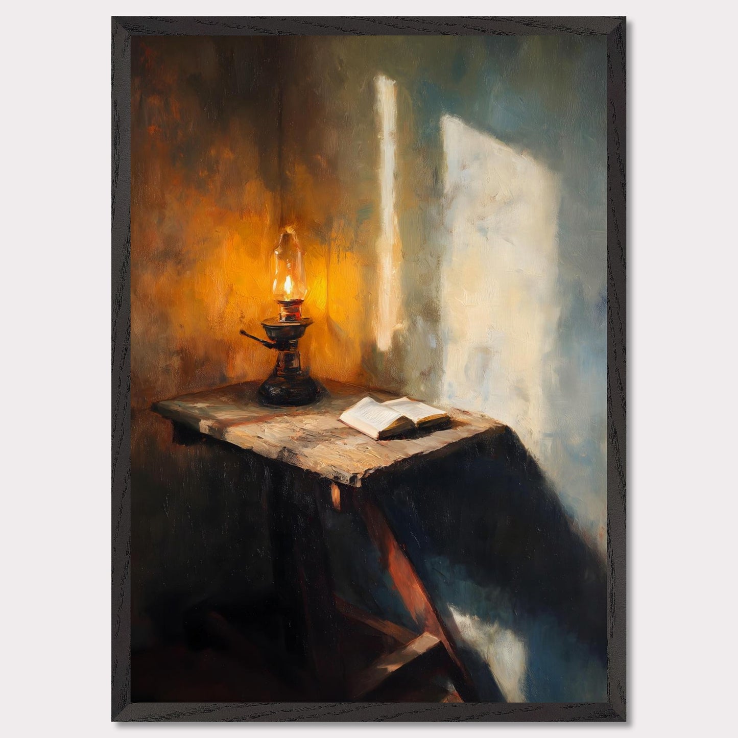 A wooden table, a flickering lamp, and an open book — caught in a slant of light. Shadows stretch across the textured walls, as if listening in. This image is a moment of pause, an ode to evening thought and silent reflection.