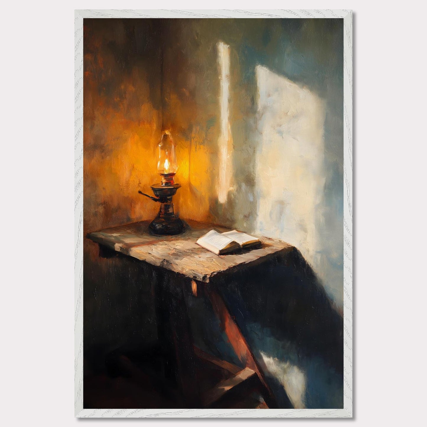 A wooden table, a flickering lamp, and an open book — caught in a slant of light. Shadows stretch across the textured walls, as if listening in. This image is a moment of pause, an ode to evening thought and silent reflection.