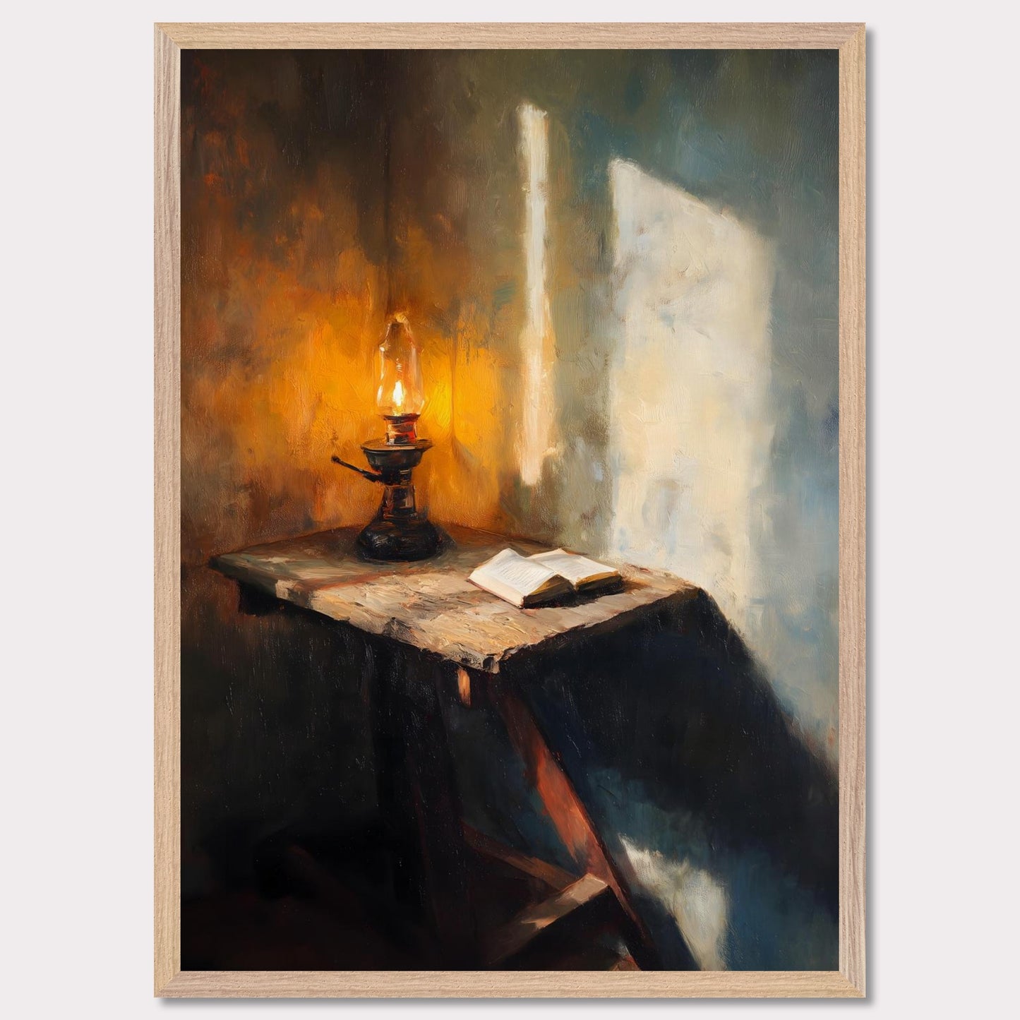 A wooden table, a flickering lamp, and an open book — caught in a slant of light. Shadows stretch across the textured walls, as if listening in. This image is a moment of pause, an ode to evening thought and silent reflection.