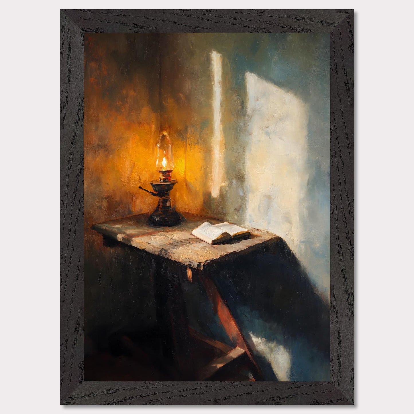 A wooden table, a flickering lamp, and an open book — caught in a slant of light. Shadows stretch across the textured walls, as if listening in. This image is a moment of pause, an ode to evening thought and silent reflection.