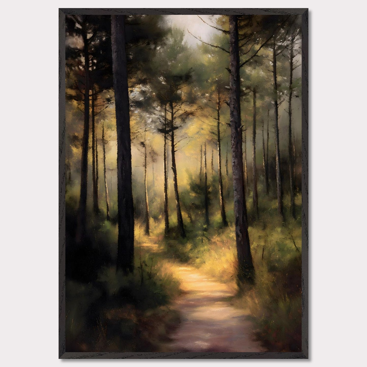 A sunlit forest trail winds through tall trees, their trunks casting long shadows across the mossy ground. Light spills softly in the distance, inviting steps forward into peace. This is not a destination — it's a journey into serenity.