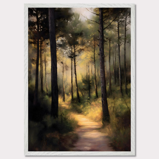 A sunlit forest trail winds through tall trees, their trunks casting long shadows across the mossy ground. Light spills softly in the distance, inviting steps forward into peace. This is not a destination — it's a journey into serenity.