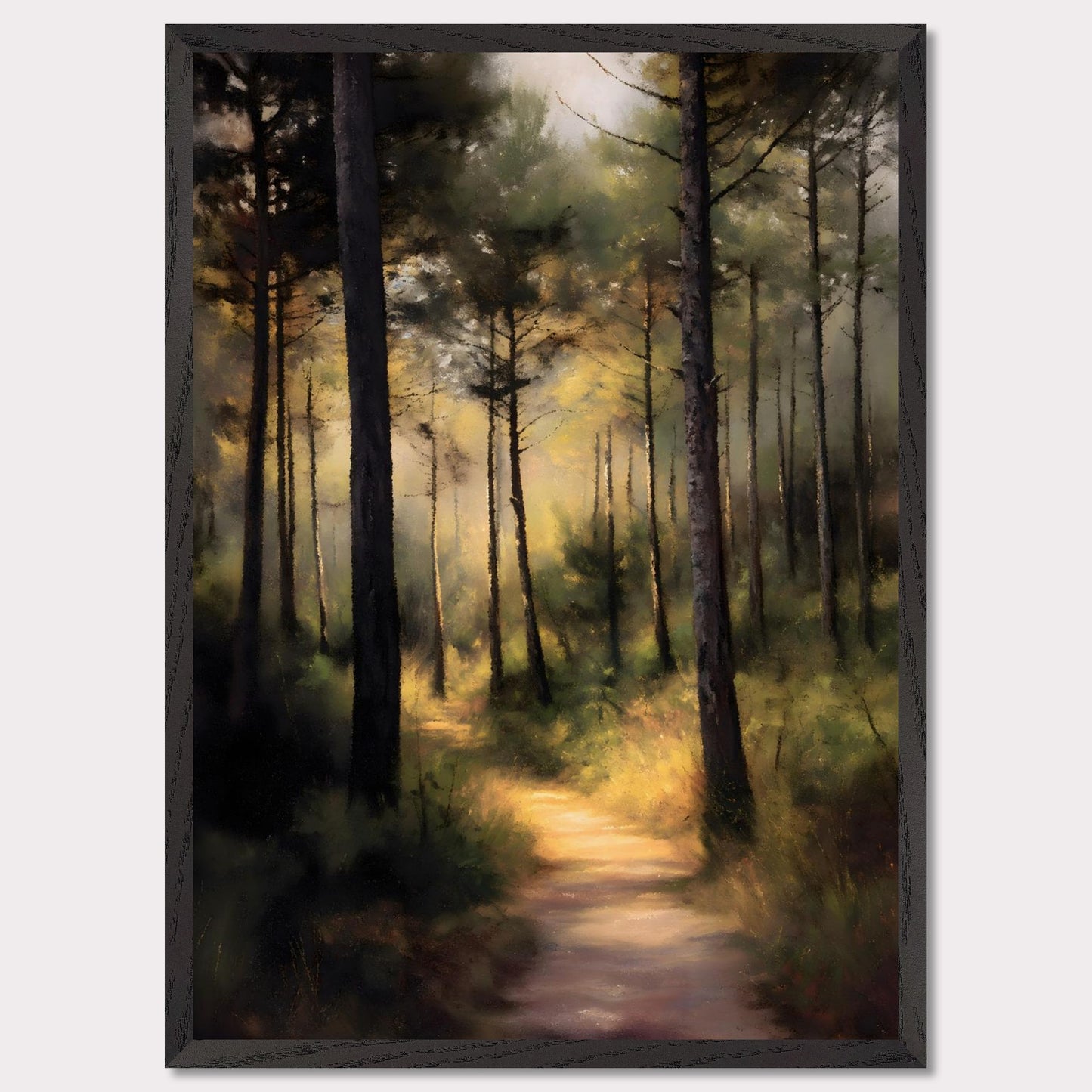 A sunlit forest trail winds through tall trees, their trunks casting long shadows across the mossy ground. Light spills softly in the distance, inviting steps forward into peace. This is not a destination — it's a journey into serenity.