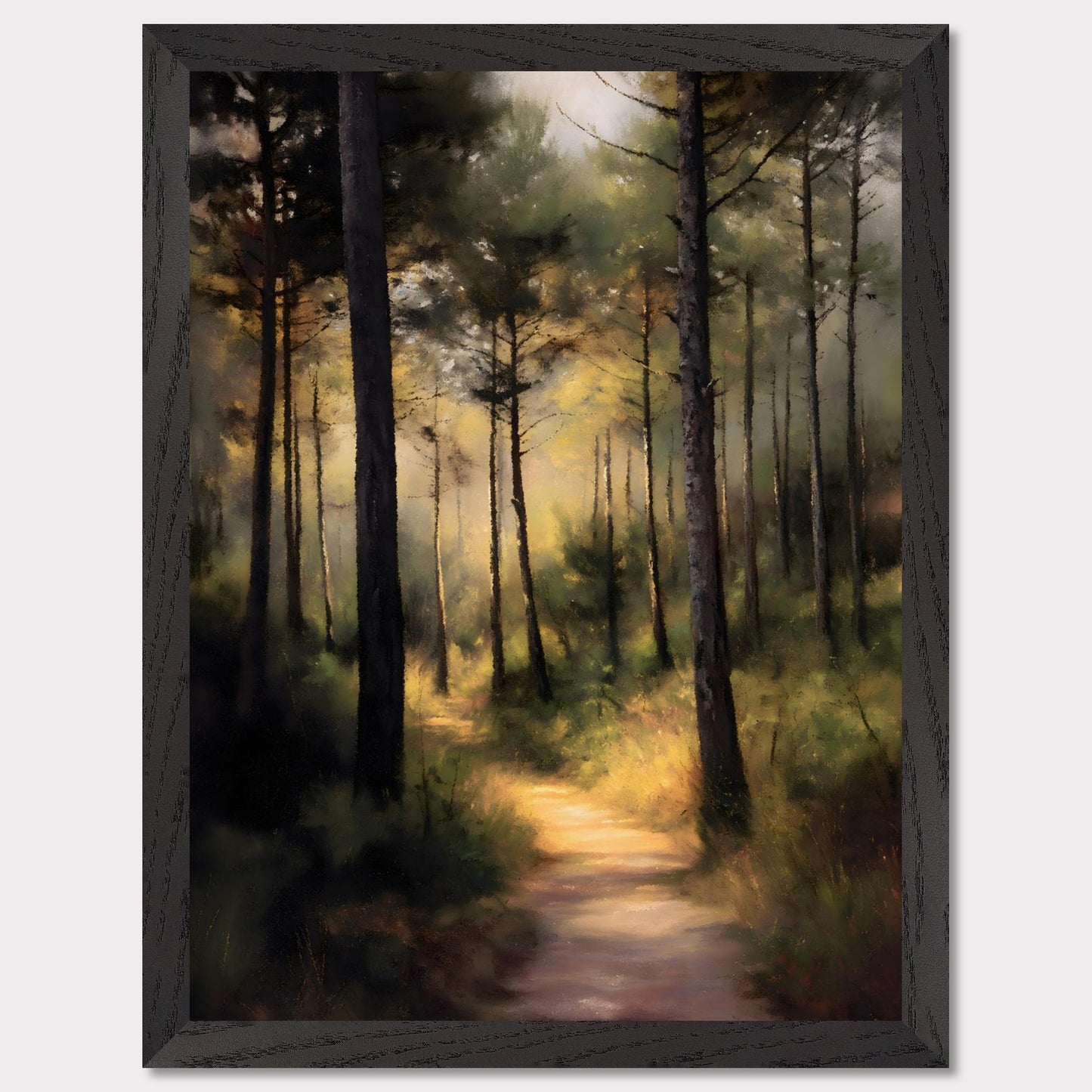 A sunlit forest trail winds through tall trees, their trunks casting long shadows across the mossy ground. Light spills softly in the distance, inviting steps forward into peace. This is not a destination — it's a journey into serenity.