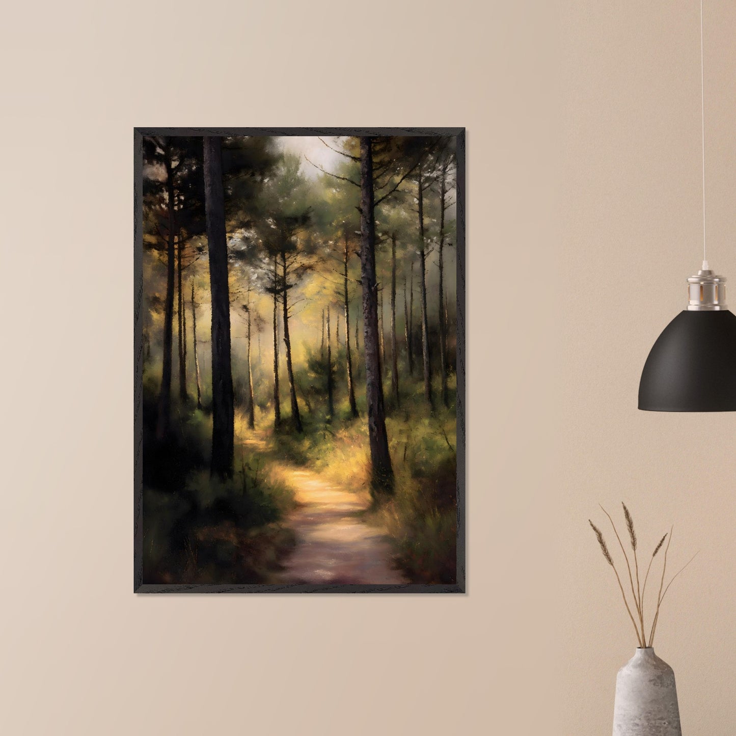 A sunlit forest trail winds through tall trees, their trunks casting long shadows across the mossy ground. Light spills softly in the distance, inviting steps forward into peace. This is not a destination — it's a journey into serenity.