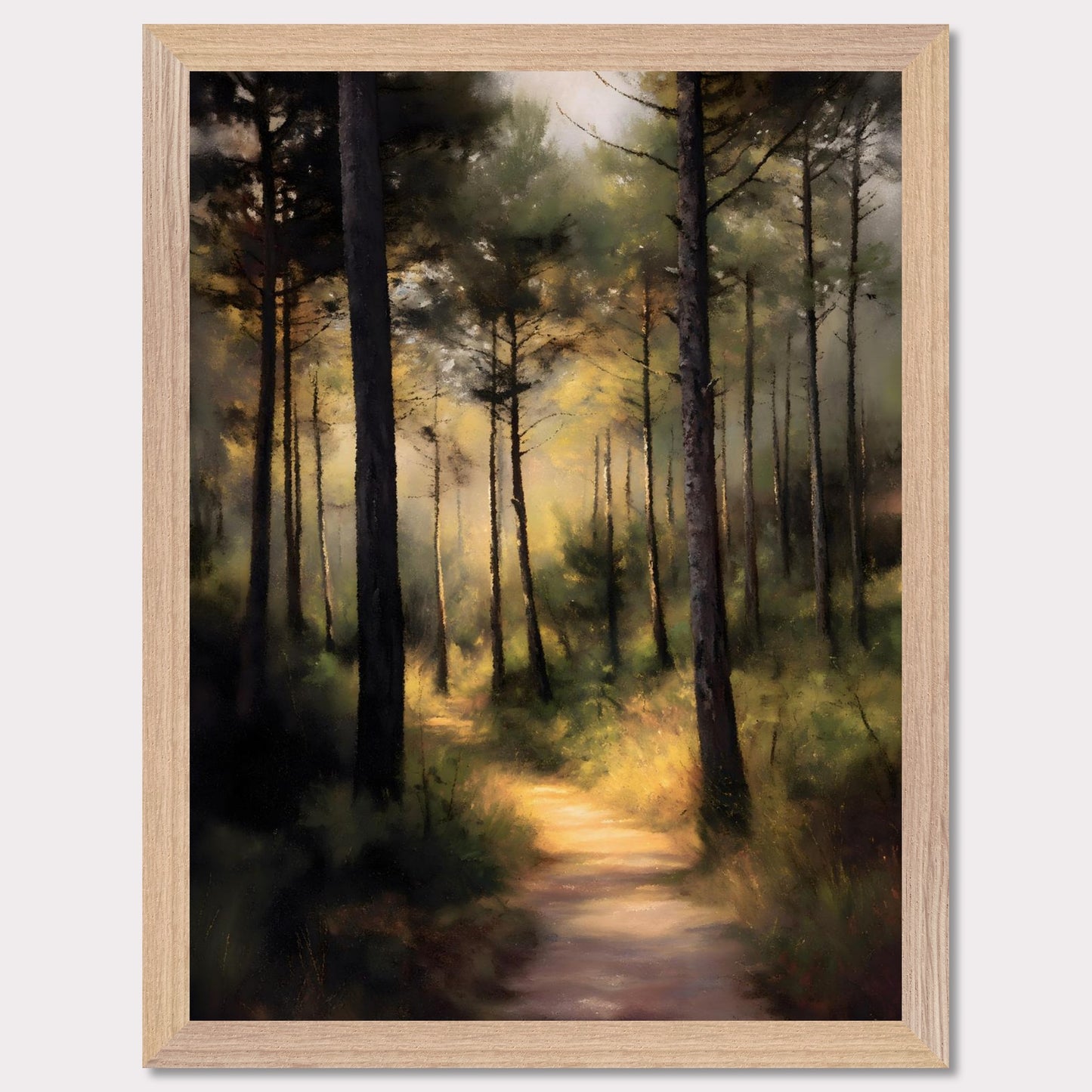 A sunlit forest trail winds through tall trees, their trunks casting long shadows across the mossy ground. Light spills softly in the distance, inviting steps forward into peace. This is not a destination — it's a journey into serenity.