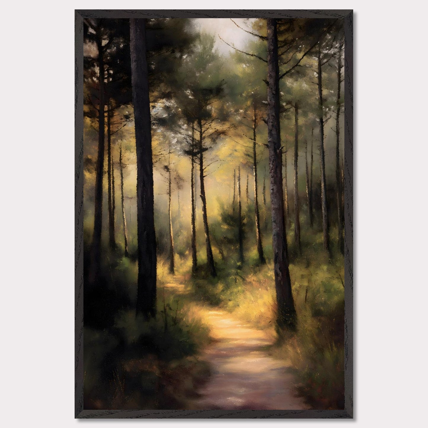 A sunlit forest trail winds through tall trees, their trunks casting long shadows across the mossy ground. Light spills softly in the distance, inviting steps forward into peace. This is not a destination — it's a journey into serenity.