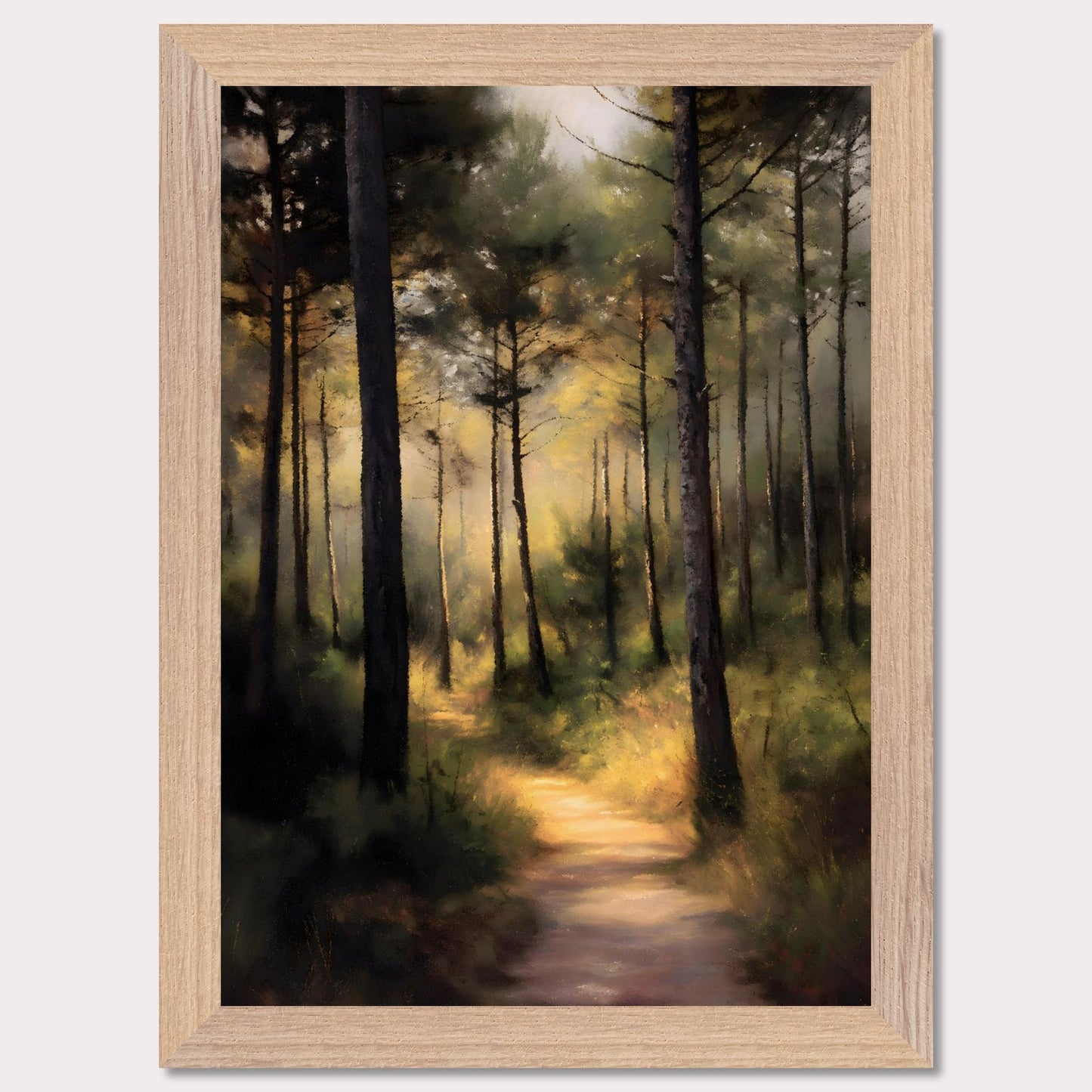 A sunlit forest trail winds through tall trees, their trunks casting long shadows across the mossy ground. Light spills softly in the distance, inviting steps forward into peace. This is not a destination — it's a journey into serenity.