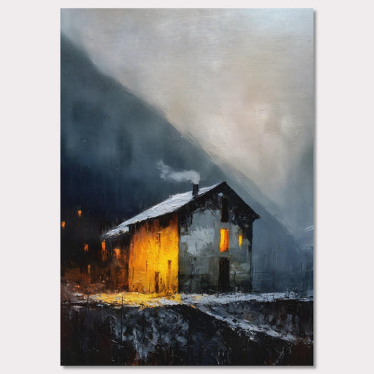 A lone alpine house burns golden against a dark and stormy backdrop. Snow lies quietly on the ground, while inside, a hearth glows with defiance and warmth. It’s a scene of refuge, strength, and a reminder that warmth is made, not found.