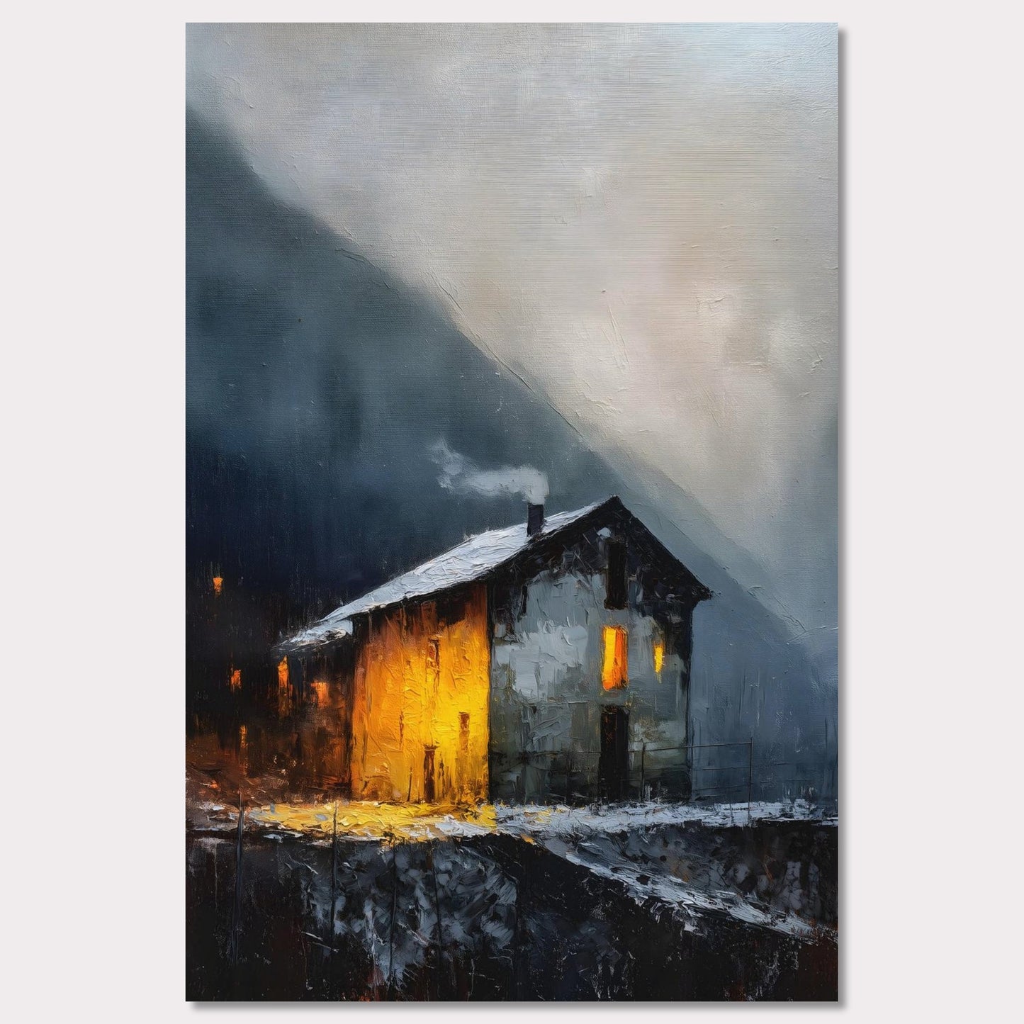 A lone alpine house burns golden against a dark and stormy backdrop. Snow lies quietly on the ground, while inside, a hearth glows with defiance and warmth. It’s a scene of refuge, strength, and a reminder that warmth is made, not found.