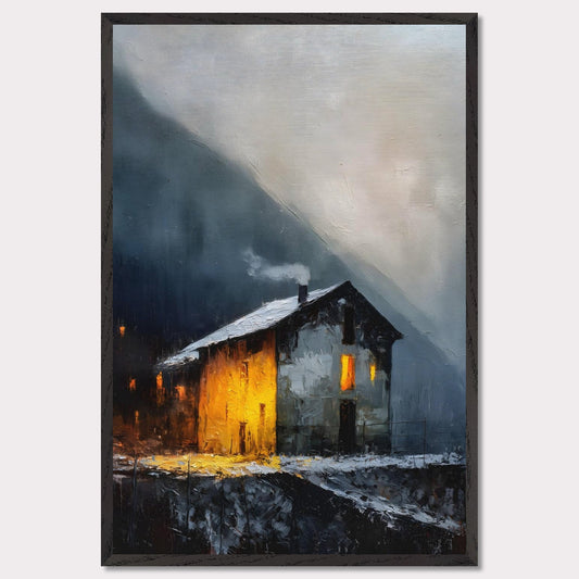 A lone alpine house burns golden against a dark and stormy backdrop. Snow lies quietly on the ground, while inside, a hearth glows with defiance and warmth. It’s a scene of refuge, strength, and a reminder that warmth is made, not found.