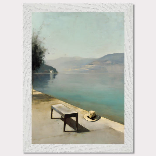 A hat rests beside a bench, left behind or waiting. The water lies smooth as glass, fading into soft mountains and a pale, endless sky. Everything stands still — as if the world paused for breath.
