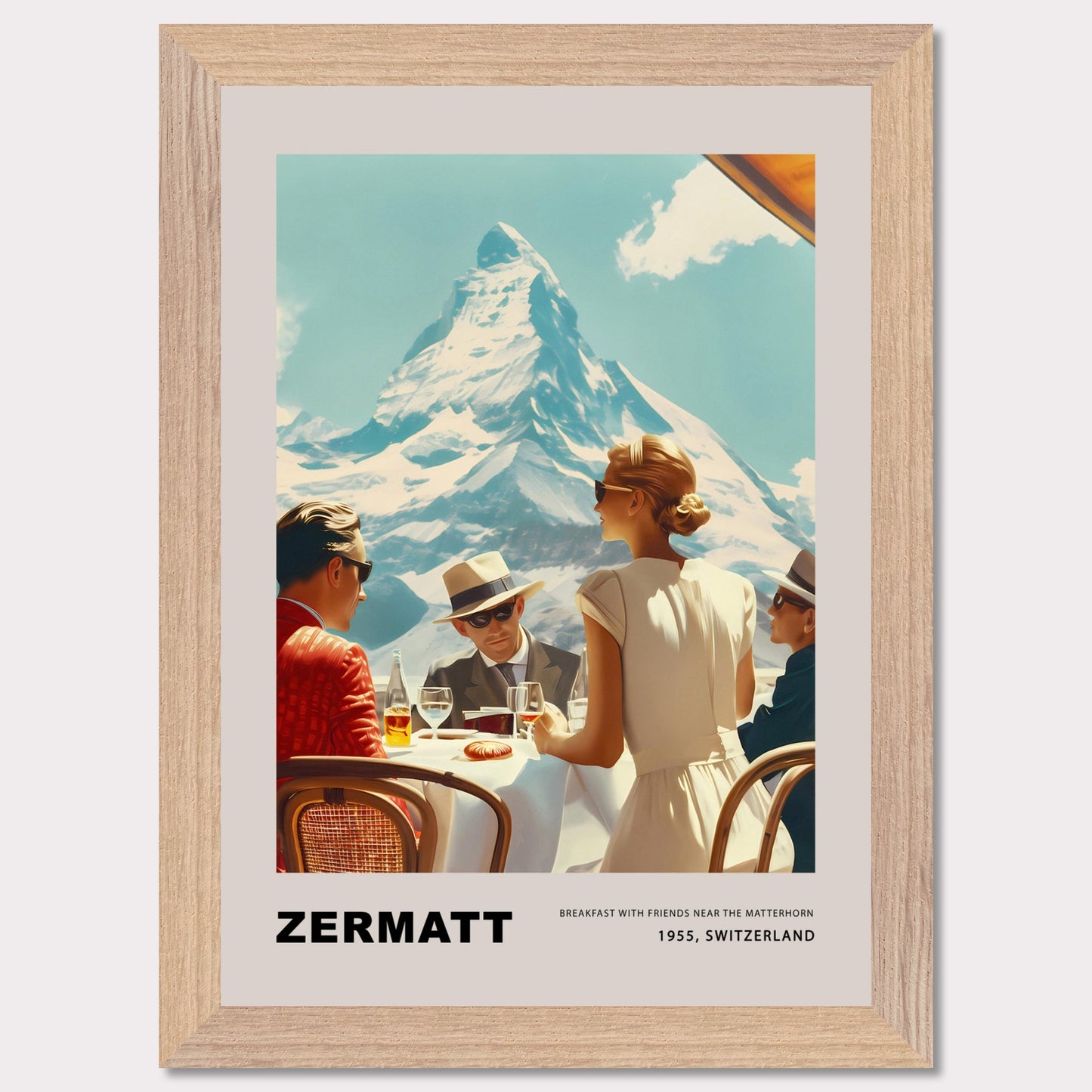 Experience the charm of Zermatt with this vintage poster featuring a group of friends enjoying breakfast against the stunning backdrop of the Matterhorn. This nostalgic scene from 1975, Switzerland, captures the essence of leisurely mornings and breathtaking mountain views.