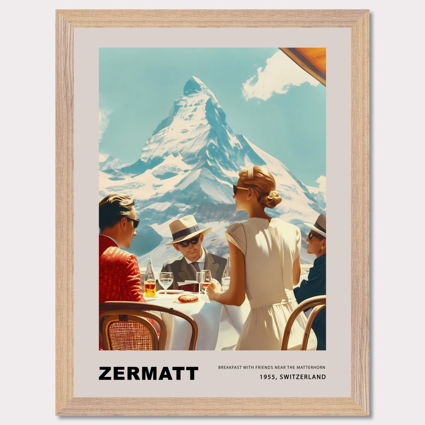Experience the charm of Zermatt with this vintage poster featuring a group of friends enjoying breakfast against the stunning backdrop of the Matterhorn. This nostalgic scene from 1975, Switzerland, captures the essence of leisurely mornings and breathtaking mountain views.