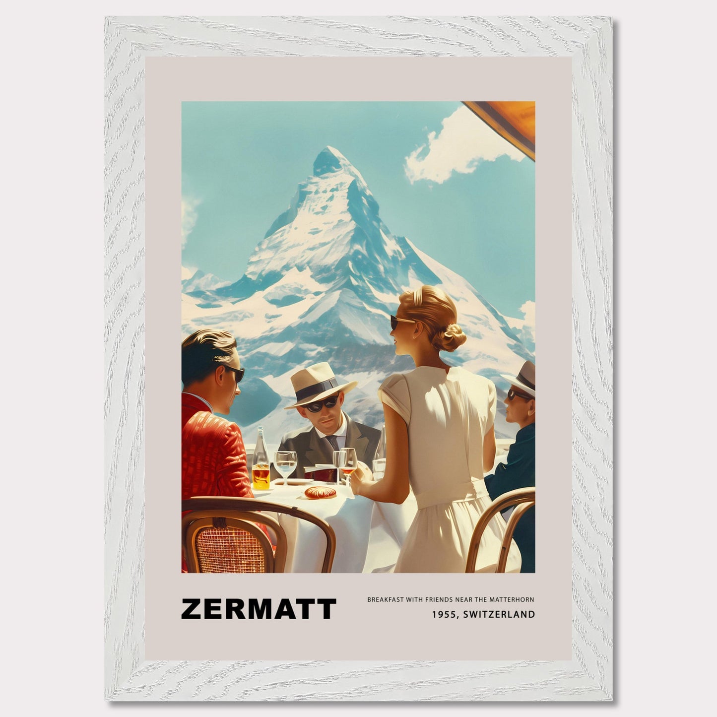 Experience the charm of Zermatt with this vintage poster featuring a group of friends enjoying breakfast against the stunning backdrop of the Matterhorn. This nostalgic scene from 1975, Switzerland, captures the essence of leisurely mornings and breathtaking mountain views.