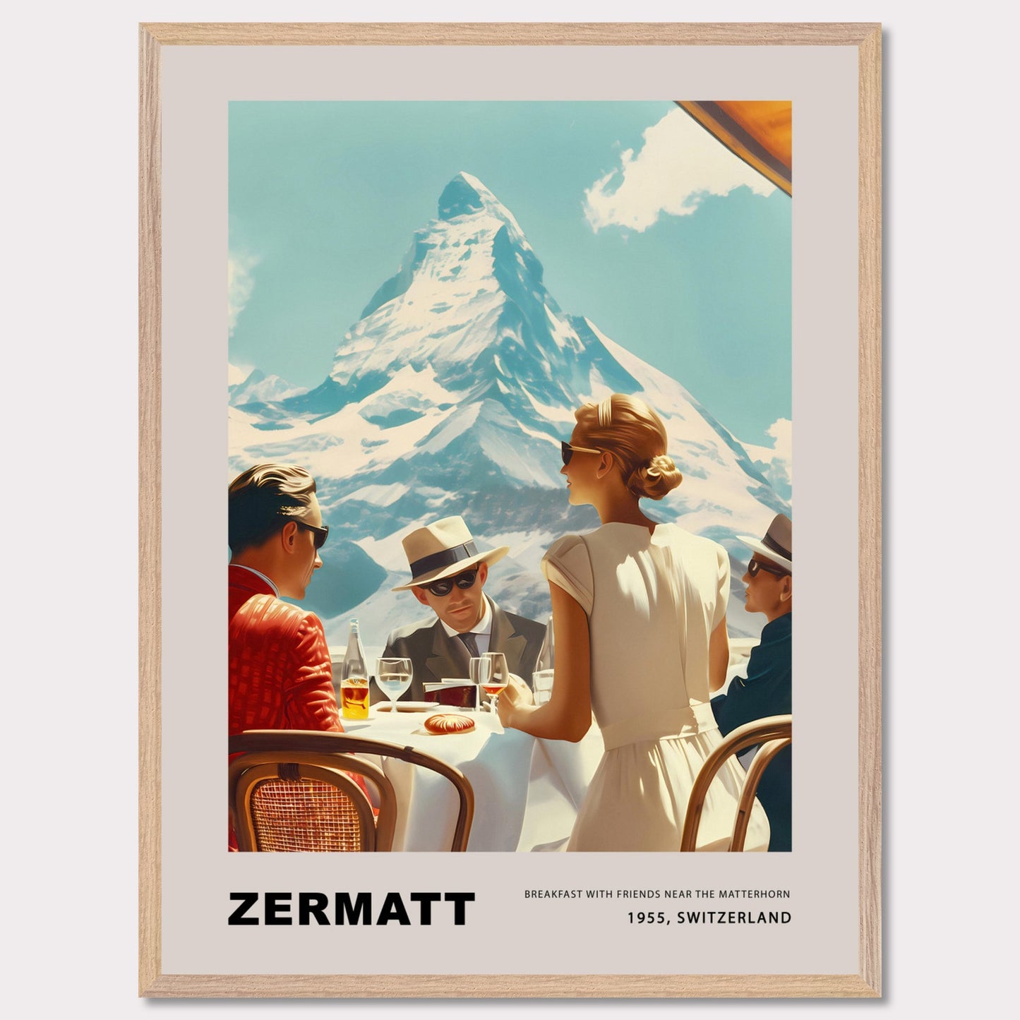 Experience the charm of Zermatt with this vintage poster featuring a group of friends enjoying breakfast against the stunning backdrop of the Matterhorn. This nostalgic scene from 1975, Switzerland, captures the essence of leisurely mornings and breathtaking mountain views.