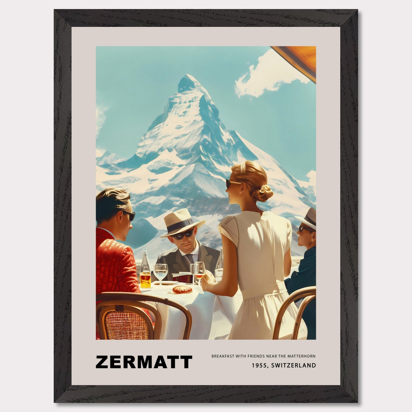 Experience the charm of Zermatt with this vintage poster featuring a group of friends enjoying breakfast against the stunning backdrop of the Matterhorn. This nostalgic scene from 1975, Switzerland, captures the essence of leisurely mornings and breathtaking mountain views.