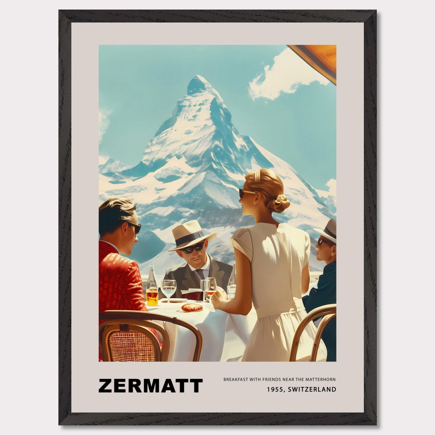 Experience the charm of Zermatt with this vintage poster featuring a group of friends enjoying breakfast against the stunning backdrop of the Matterhorn. This nostalgic scene from 1975, Switzerland, captures the essence of leisurely mornings and breathtaking mountain views.