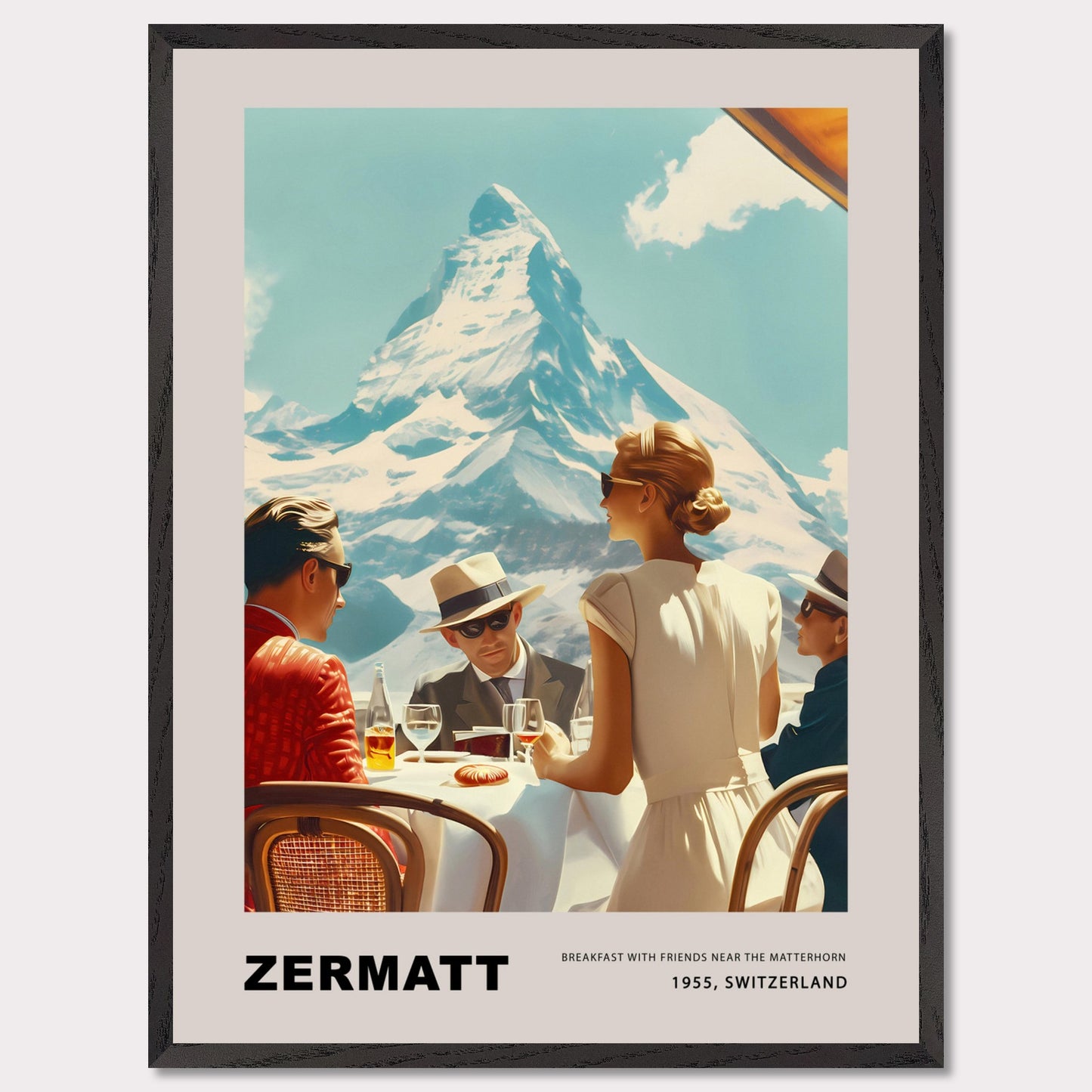 Experience the charm of Zermatt with this vintage poster featuring a group of friends enjoying breakfast against the stunning backdrop of the Matterhorn. This nostalgic scene from 1975, Switzerland, captures the essence of leisurely mornings and breathtaking mountain views.