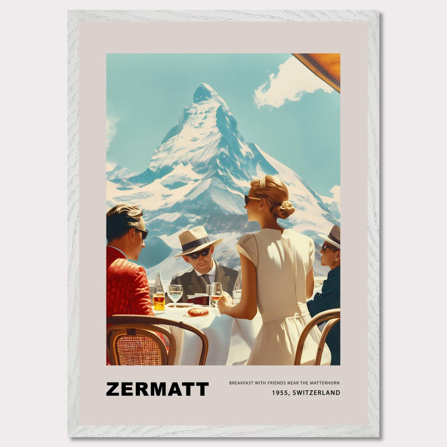 Experience the charm of Zermatt with this vintage poster featuring a group of friends enjoying breakfast against the stunning backdrop of the Matterhorn. This nostalgic scene from 1975, Switzerland, captures the essence of leisurely mornings and breathtaking mountain views.