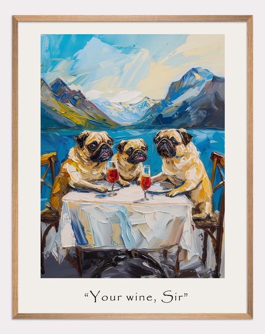 Poster titled 'Pugs drink wine Poster' from ArtDarts