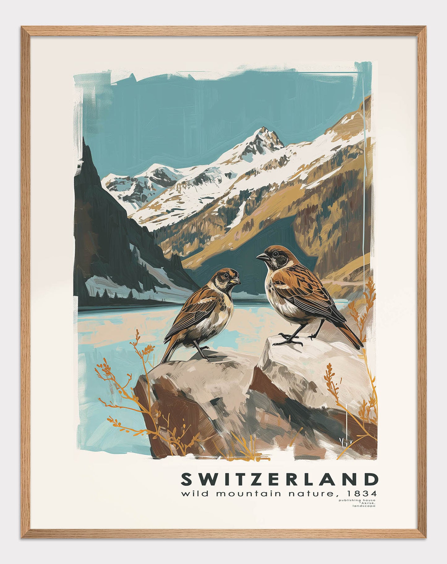 Poster titled 'Swiss Landscape with Birds Poster' from ArtDarts
