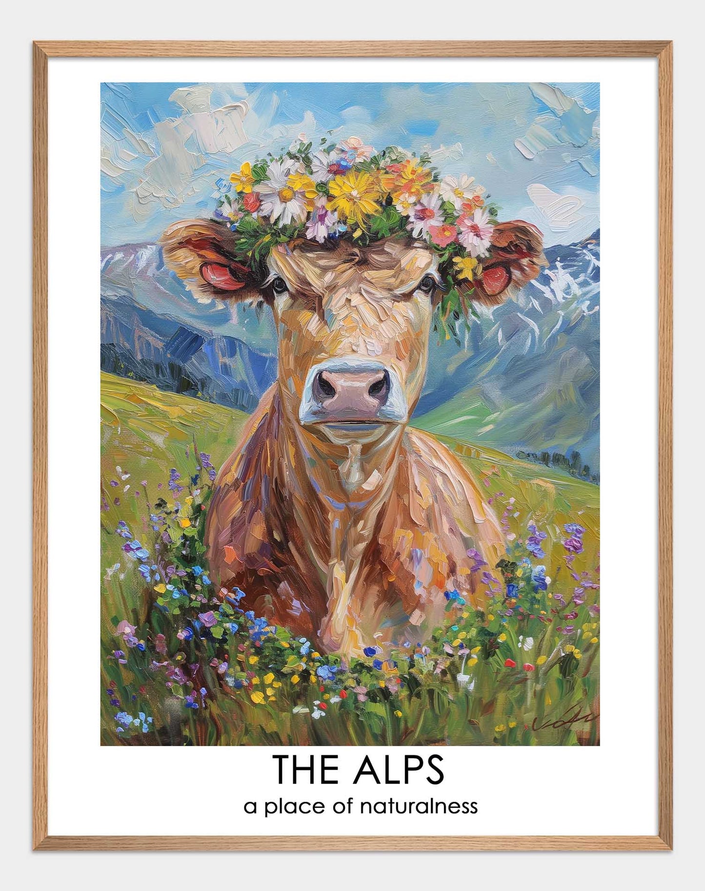 Poster titled 'Fluffy cow in a wreath Poster' from ArtDarts