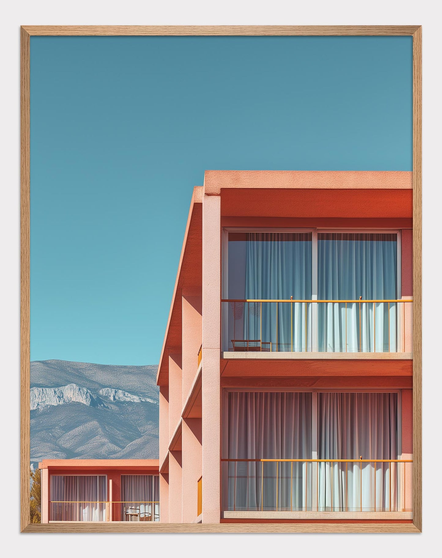 Poster titled 'Pink houses with mountains in the background' from ArtDarts