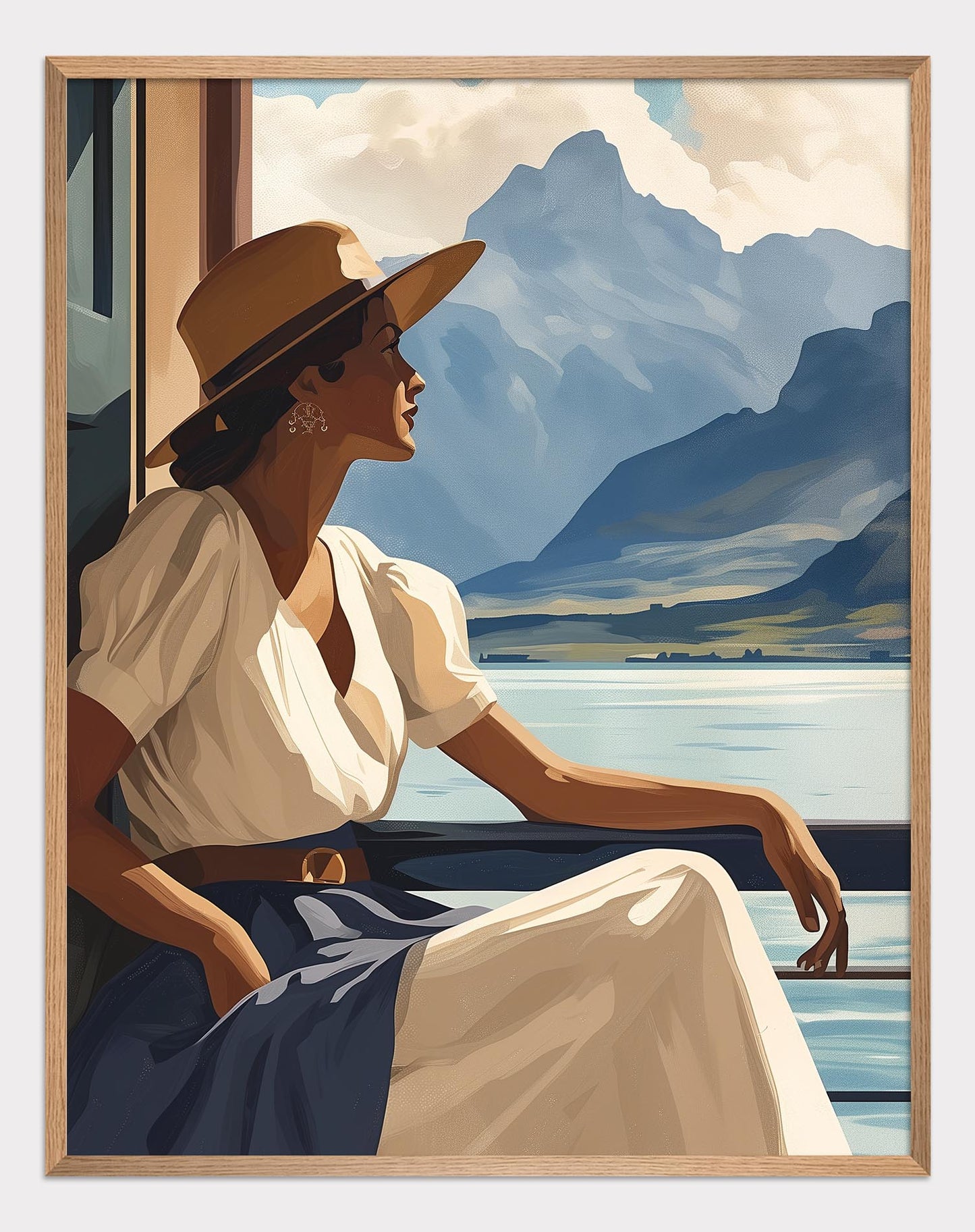Poster titled 'Girl near mountain water Poster' from ArtDarts