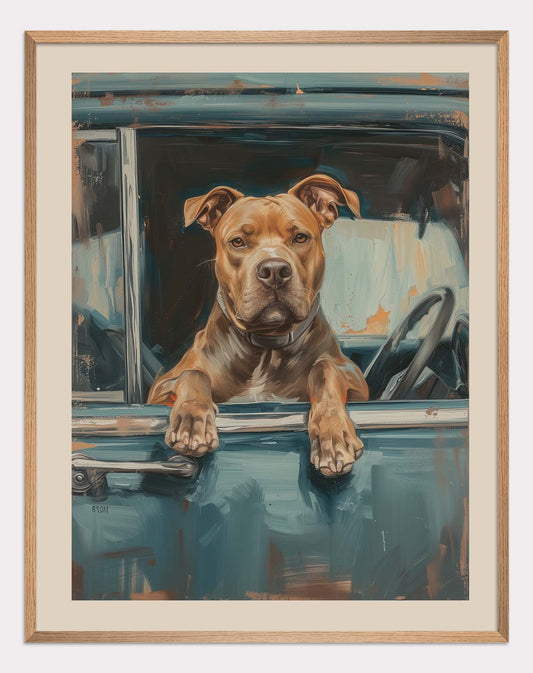 Poster titled 'Pit bulls in a retro car Poster' from ArtDarts