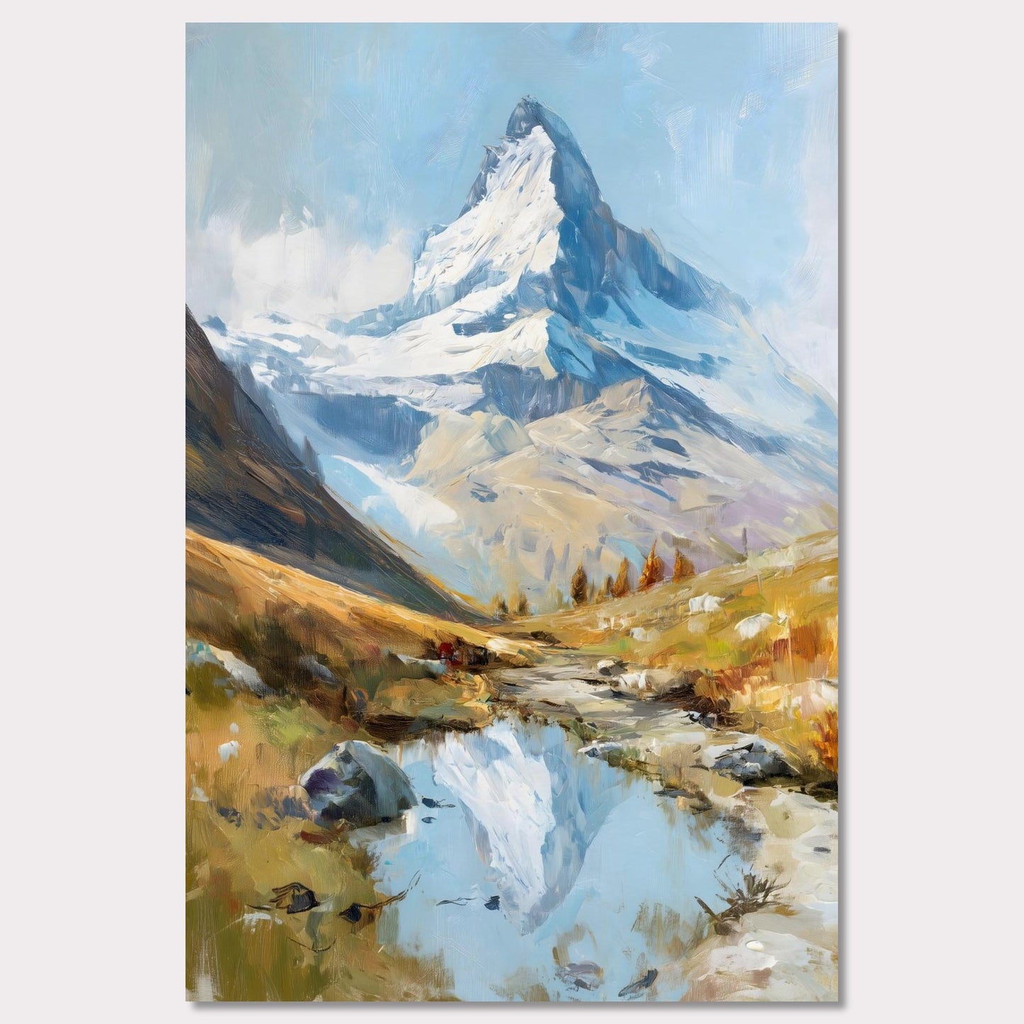 A tranquil alpine stream mirrors the iconic Matterhorn, creating a dreamlike symmetry between earth and sky. The soft brushstrokes evoke a calm autumn day, where golden meadows meet the glacier’s cool touch. This peaceful yet majestic landscape invites viewers to pause and reflect on nature’s balance.