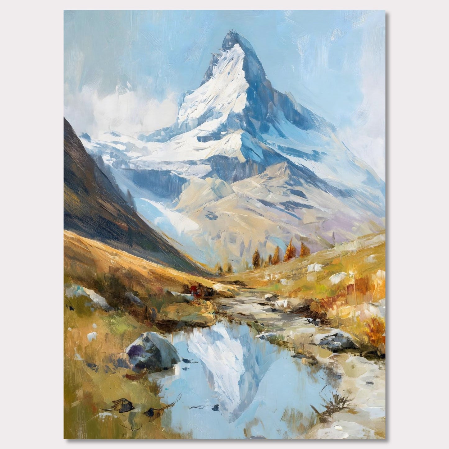 A tranquil alpine stream mirrors the iconic Matterhorn, creating a dreamlike symmetry between earth and sky. The soft brushstrokes evoke a calm autumn day, where golden meadows meet the glacier’s cool touch. This peaceful yet majestic landscape invites viewers to pause and reflect on nature’s balance.