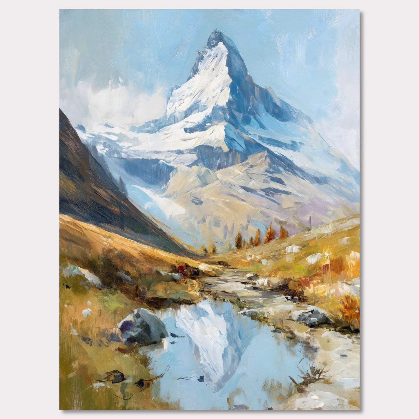A tranquil alpine stream mirrors the iconic Matterhorn, creating a dreamlike symmetry between earth and sky. The soft brushstrokes evoke a calm autumn day, where golden meadows meet the glacier’s cool touch. This peaceful yet majestic landscape invites viewers to pause and reflect on nature’s balance.