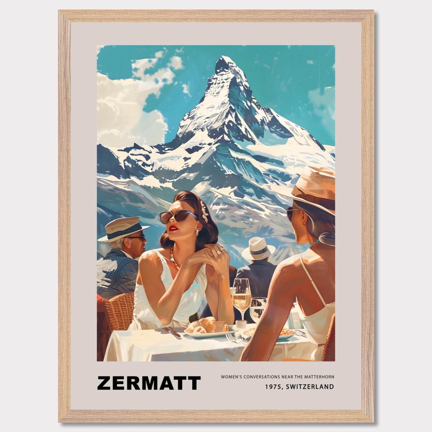 This poster showcases an elegant and nostalgic scene set in Zermatt, Switzerland, against the breathtaking backdrop of the Matterhorn. The image captures a sophisticated moment of leisure, where well-dressed individuals enjoy a luxurious outdoor meal, embodying the glamour of 1975.