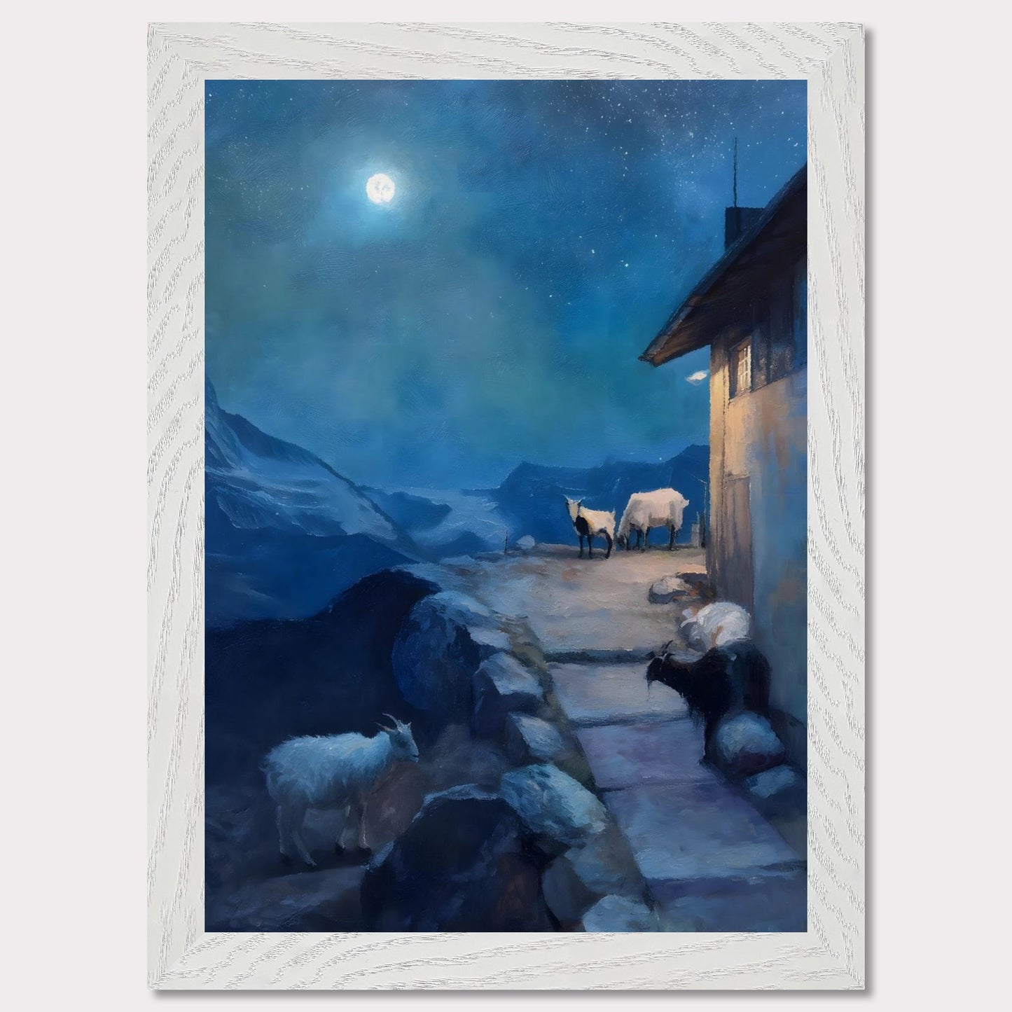 A full moon glows above a tranquil alpine scene, where goats linger quietly near a mountain hut. The sky shimmers with stars, the landscape wrapped in soft blues and shadows. There’s no rush here — only the deep breath of night.