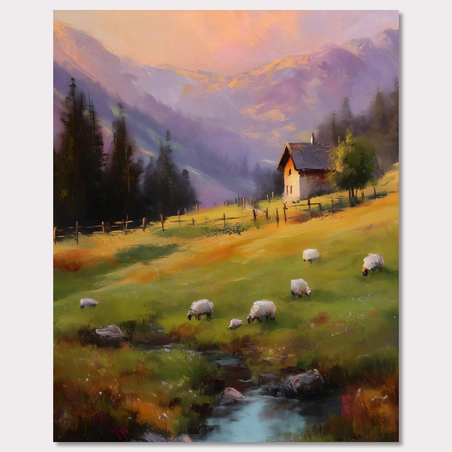 As the sun sets, golden and lavender hues paint the mountain slopes. Sheep graze slowly on the soft green meadow, and a solitary wooden house glows gently under a tree. The scene is tranquil and nostalgic — a perfect harmony of nature, simplicity, and evening calm.