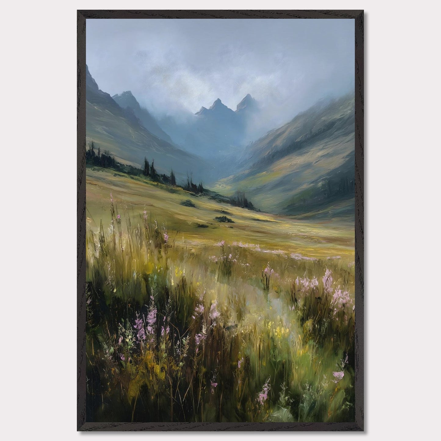 A field of tall alpine grass and soft purple blooms unfolds into misty blue peaks. There's no sign of movement, only the gentle hush of nature breathing. The scene is vast, untamed, and filled with the quiet promise of summer in the highlands.