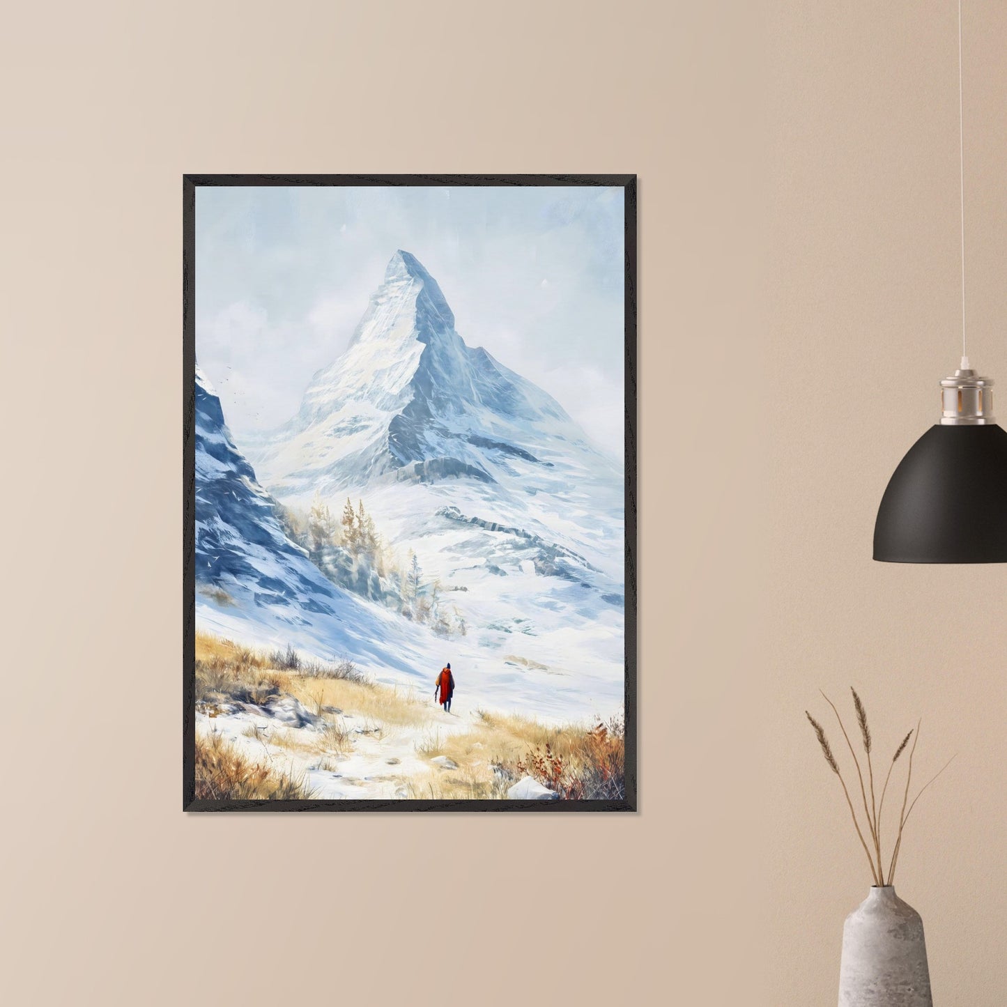 A solitary traveler in red walks toward a towering alpine peak, its icy edges kissed by winter sun. The snow-laced slope opens to a vast, crystalline silence, where motion feels reverent. This image captures the awe of ascent — a tribute to scale, solitude, and stillness.