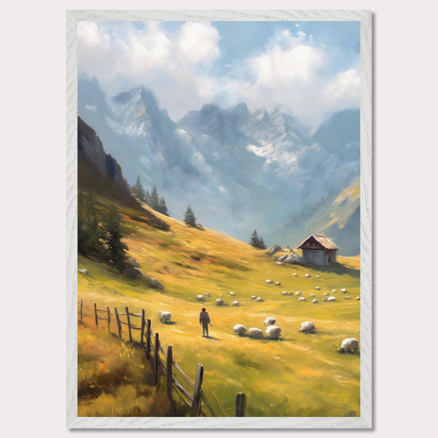 A shepherd tends his flock in a golden mountain pasture, surrounded by dramatic peaks and old-world charm. The wooden fence and cabin speak of a slower, enduring lifestyle. Bathed in warm light, this image transports viewers to a timeless Alpine morning.