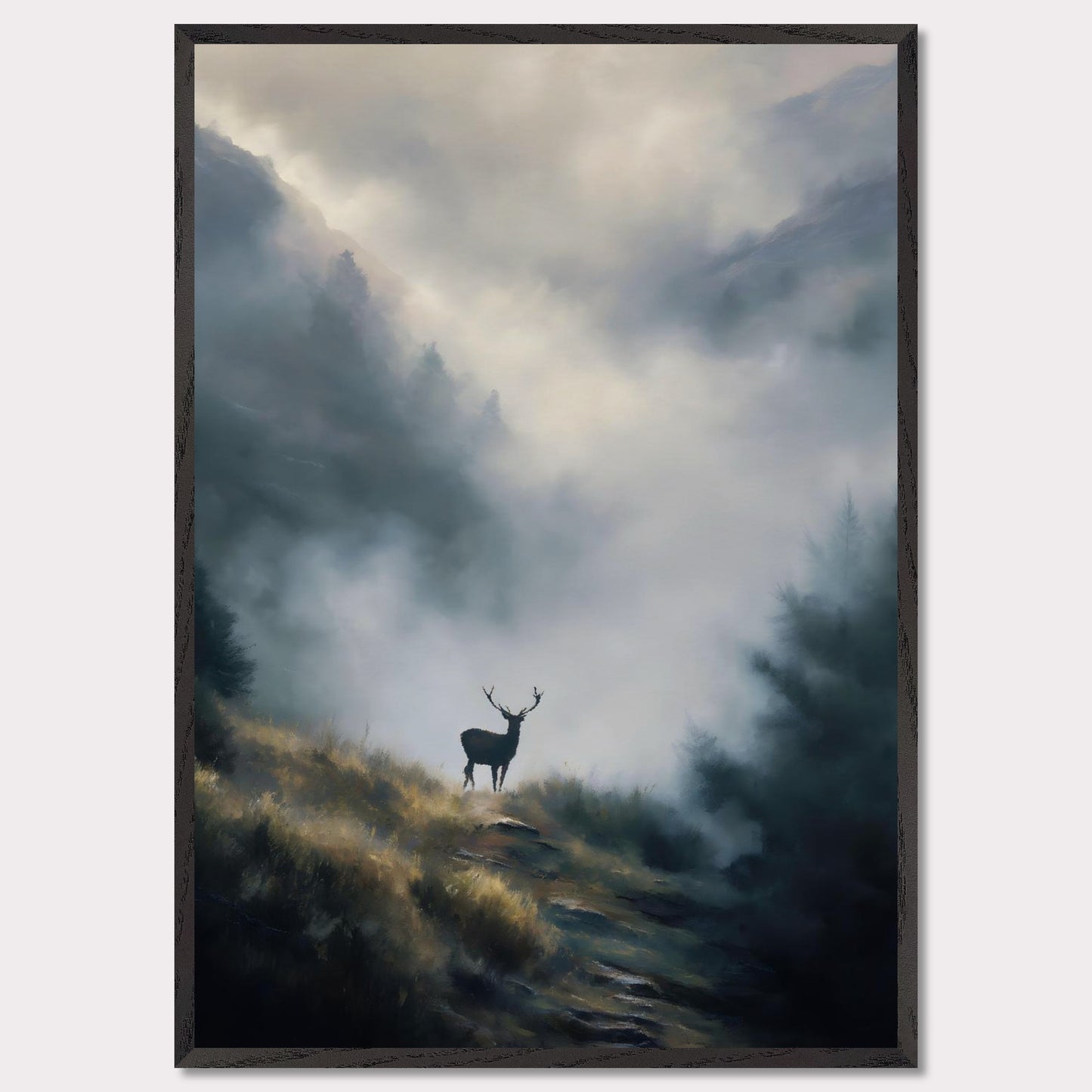 A lone stag stands poised on a highland ridge, where golden grass fades into rising fog. Pines and peaks dissolve into the mist, leaving the deer still and sovereign against the silence. This image is a quiet breath — an ode to wilderness, majesty, and mystery.