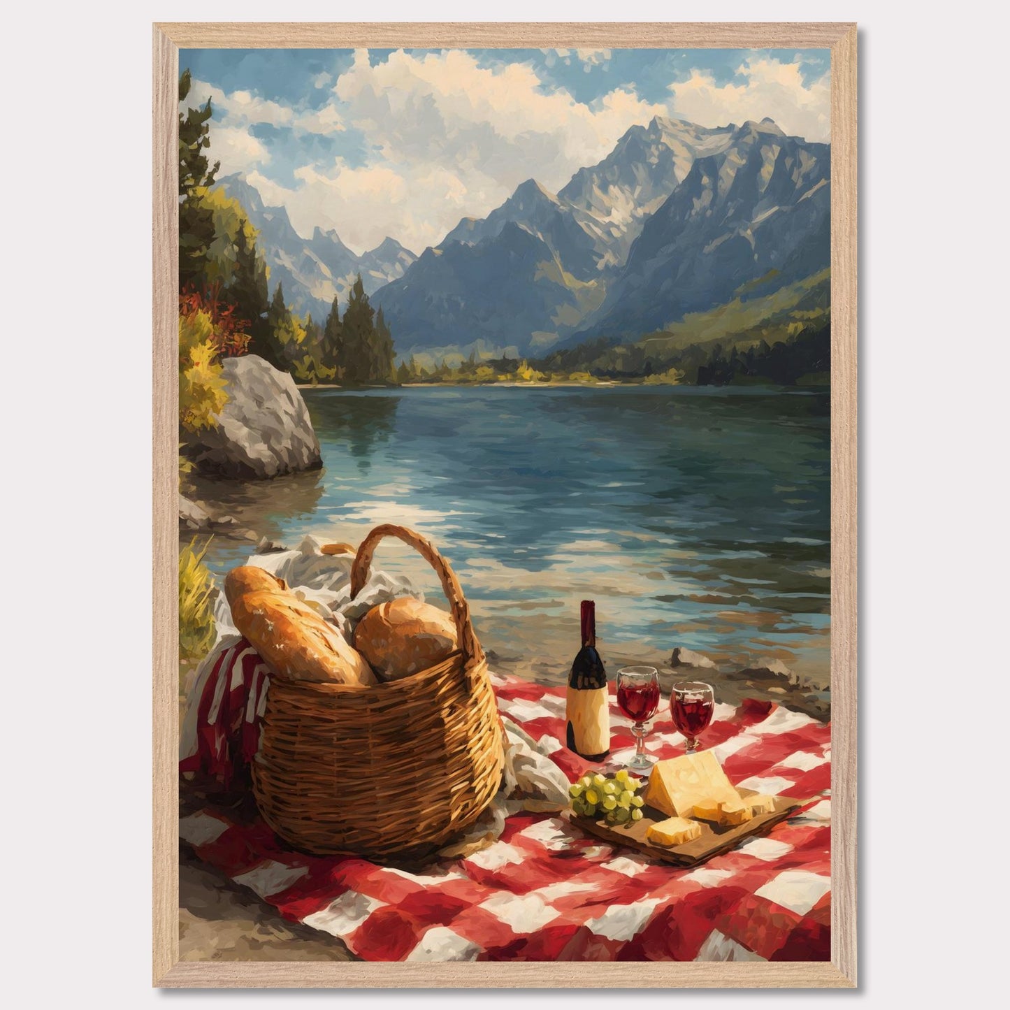 A checkered blanket lies beside a glistening lake, topped with fresh bread, wine, cheese, and grapes. Behind it all, towering mountains create a breathtaking backdrop. The scene celebrates indulgence, nature, and the timeless art of slowing down.