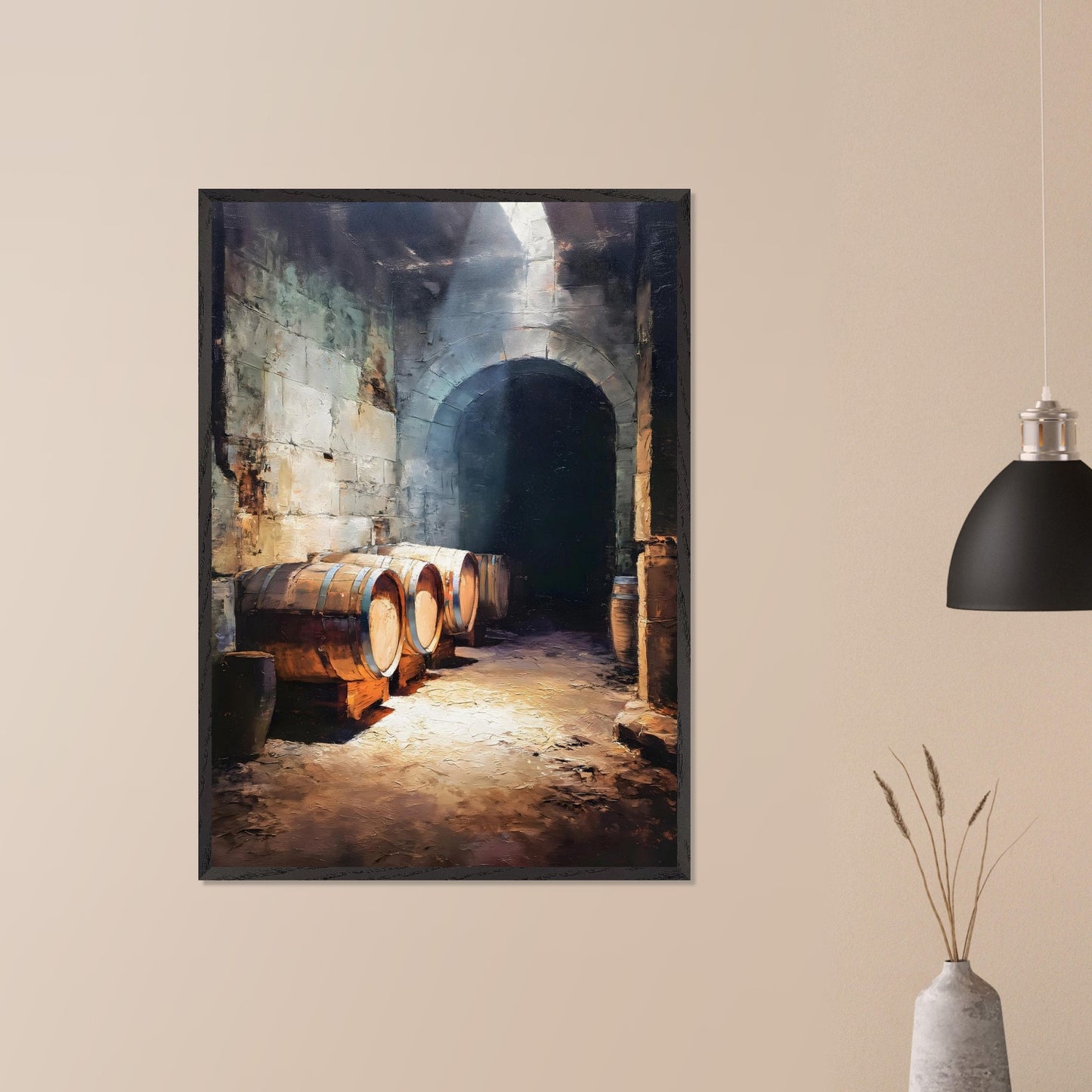 Wooden wine barrels line the stone walls of a cool alpine cellar, lit by a shaft of light from above. The silence is thick and cool. This image is a breath beneath the surface, an ode to age, earth, and time.