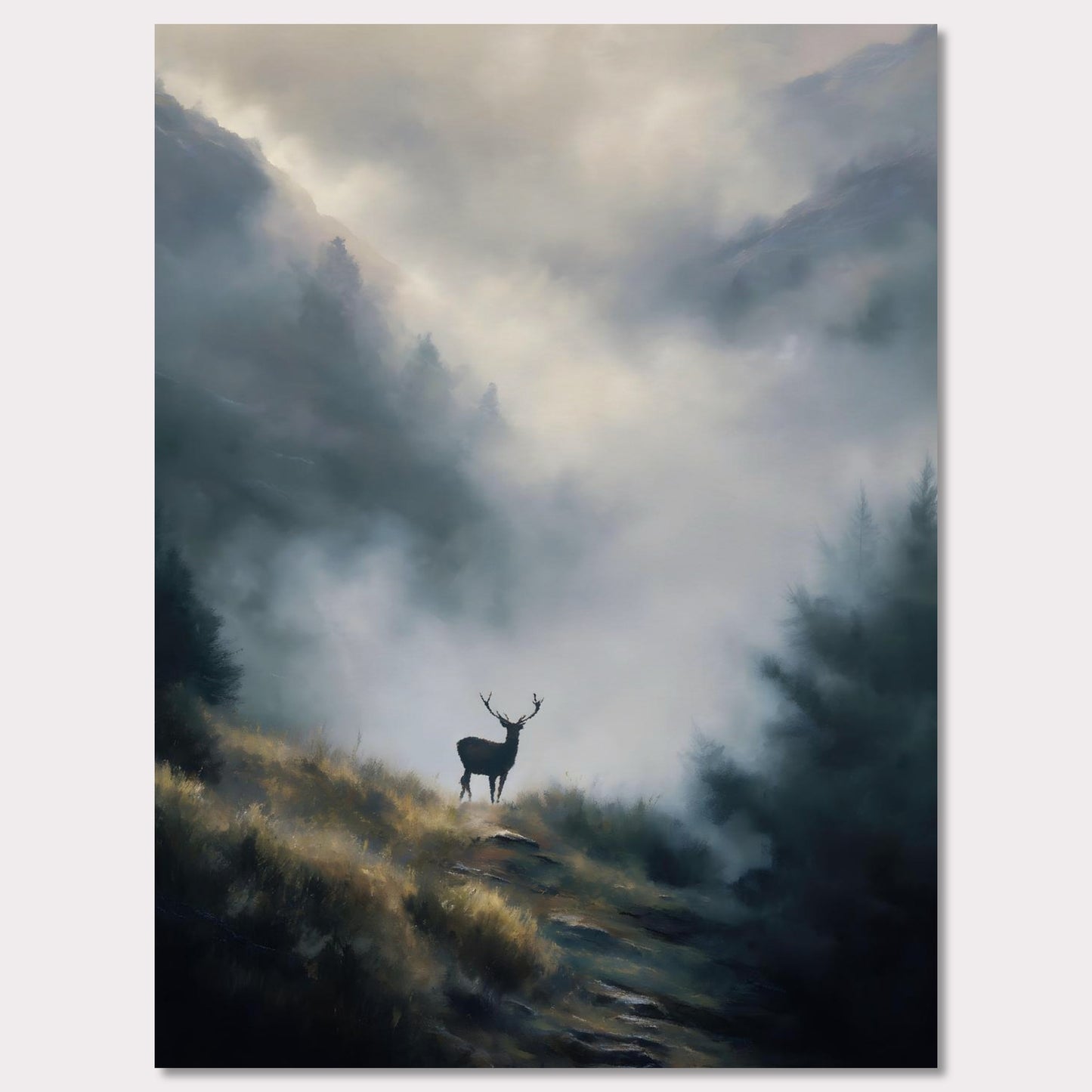 Poster titled 'Stag in the Mist' from ArtDarts