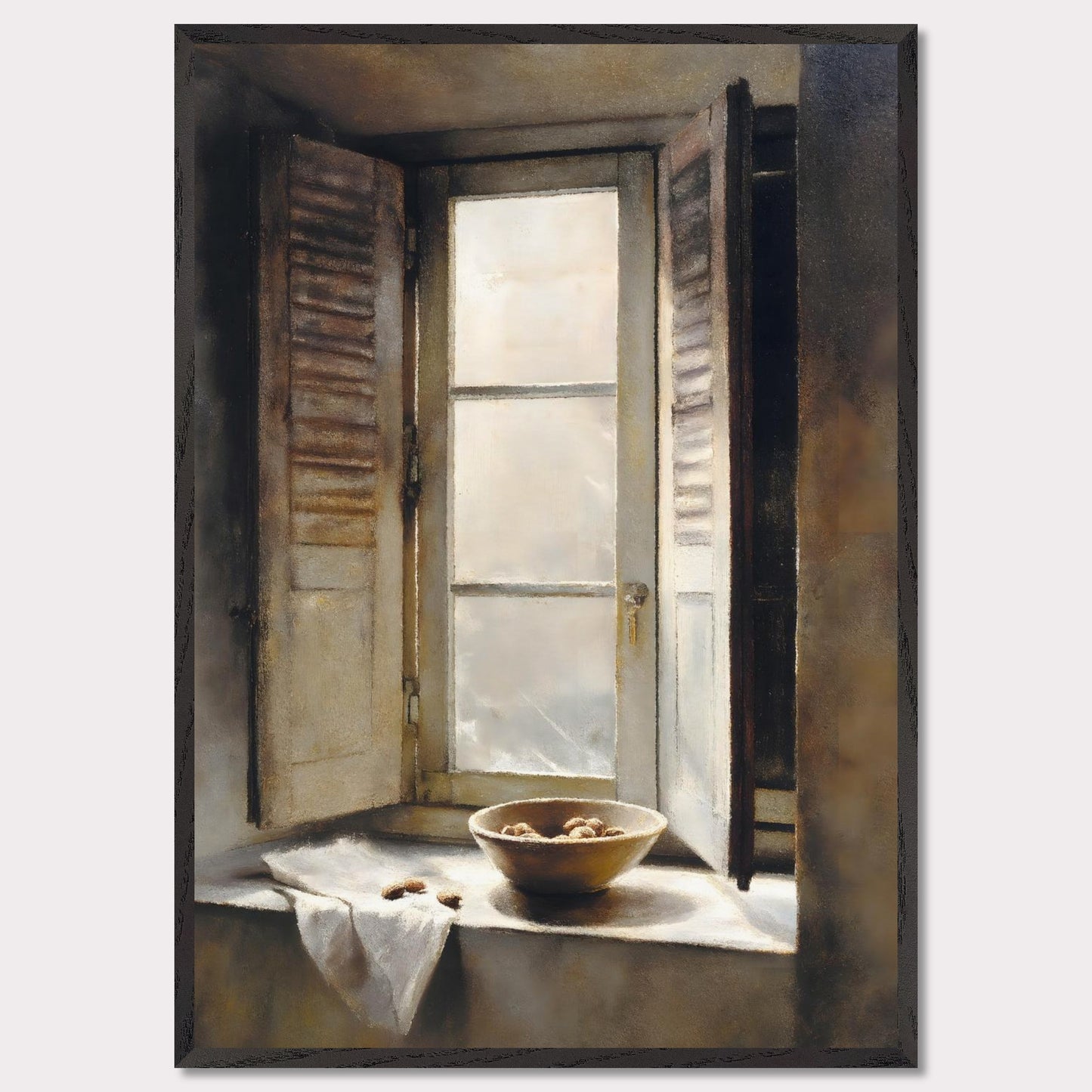Golden light streams through an old shuttered window, catching the edge of a ceramic bowl filled with walnuts. A linen cloth rests gently nearby, suggesting quiet hands and slow mornings. This image is domestic poetry — a tribute to texture, stillness, and time.
