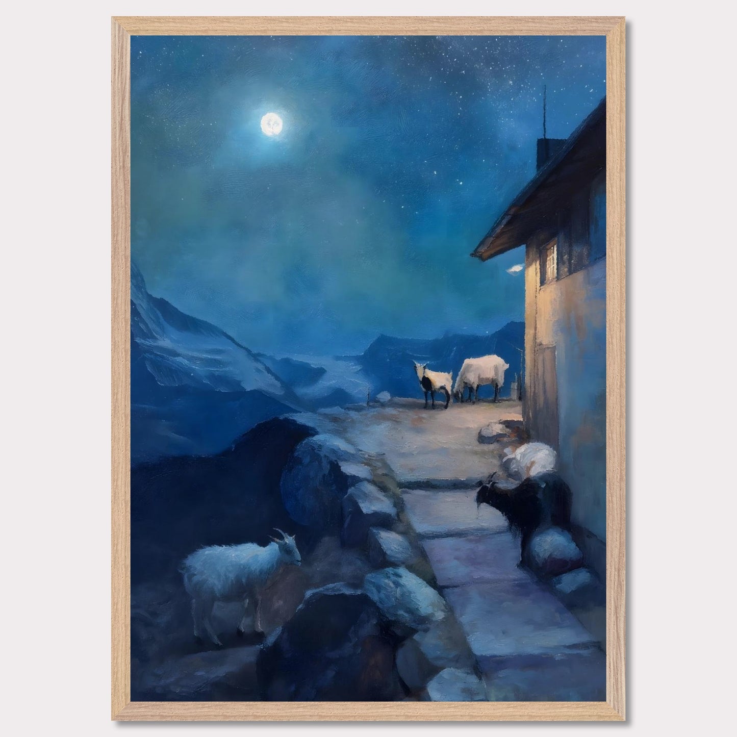 A full moon glows above a tranquil alpine scene, where goats linger quietly near a mountain hut. The sky shimmers with stars, the landscape wrapped in soft blues and shadows. There’s no rush here — only the deep breath of night.