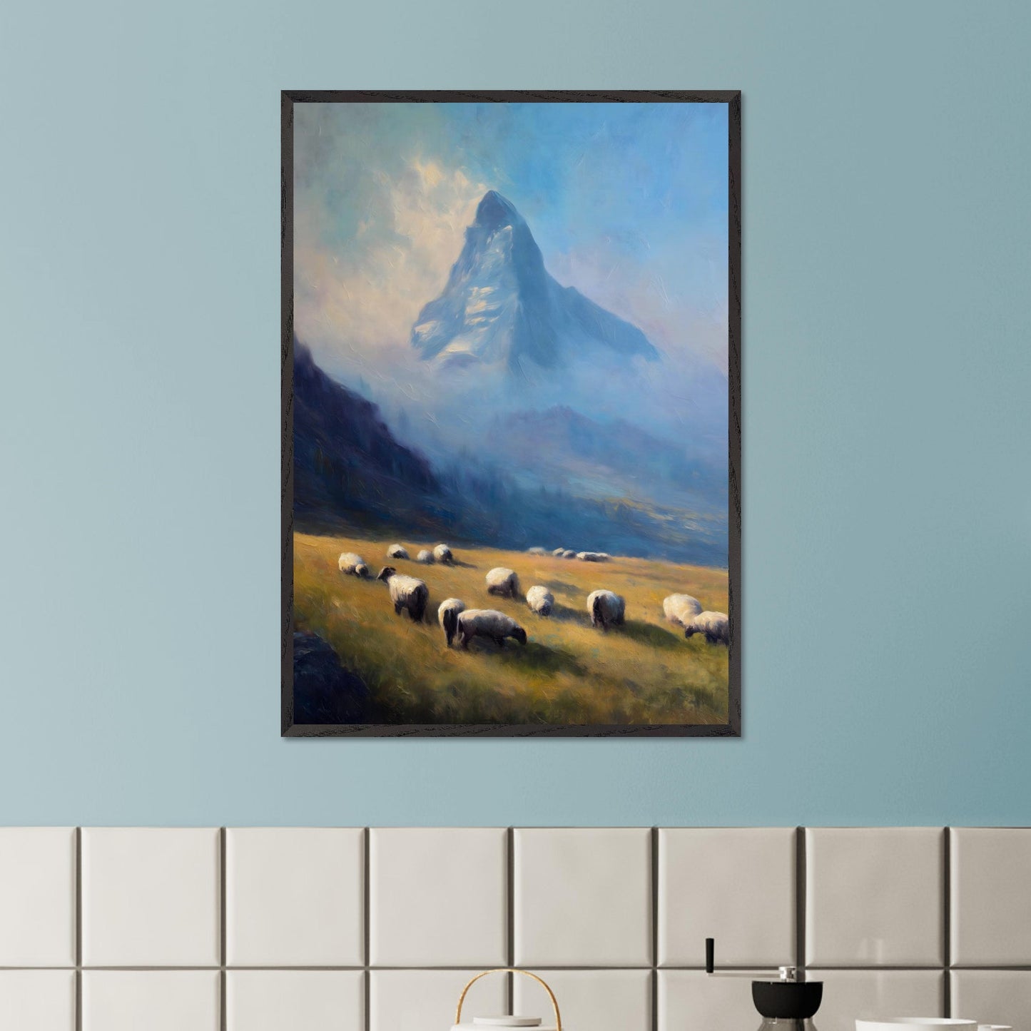 A flock grazes in soft alpine grass as the blue-shadowed Matterhorn rises beyond. Mist curls through the valley’s hush. This image is a gentle morning, an ode to scale, quiet, and presence.